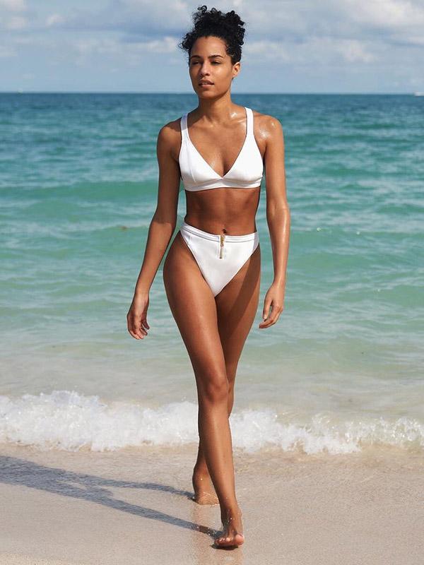 Solid Color Triangles Split Bikini Swimsuit
