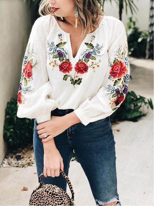Short Sleeves V-neck Floral Blouses&shirts Tops