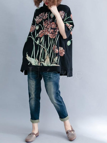 Casual Floral Printed High-neck Sweatshirt