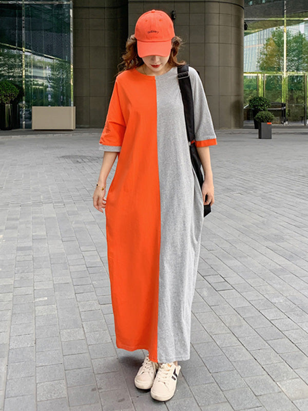 Casual Color Matching Round-Neck Long Sleeves Maxi Dress