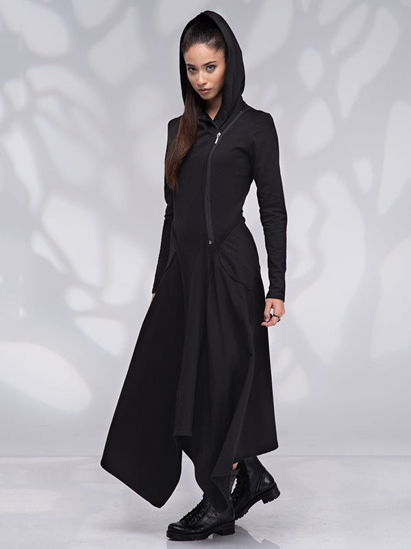 Original Solid Color Zipper Hooded Long Sleeves Midi Dress