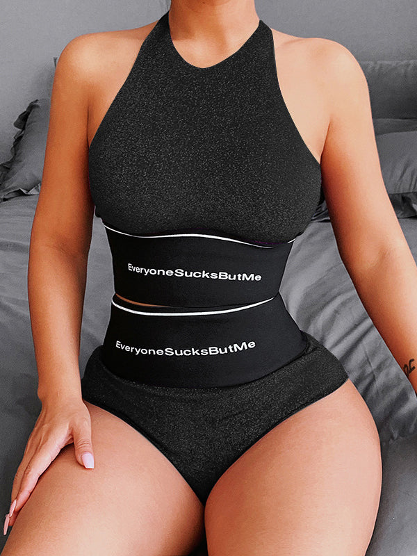 Casual Contrast Color Letter Print Sports Bra&Shorts Suits