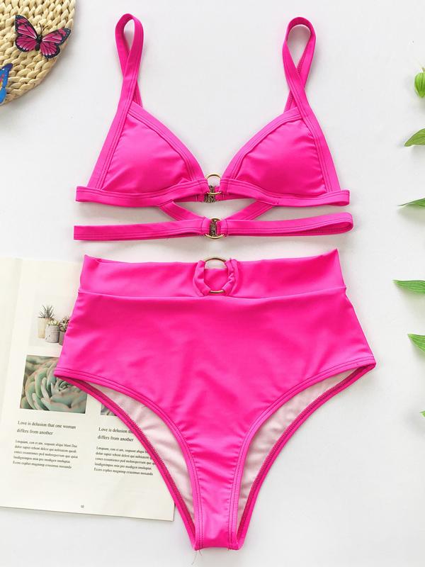 Solid Color Bandage Backless Split Bikini Swimsuit