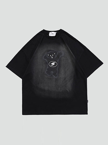 Vintage Round-Neck Bear Print Loose T-Shirts Tops