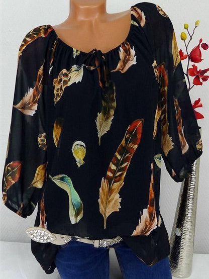 Large Feather Print T-shirt Off the Shoulder