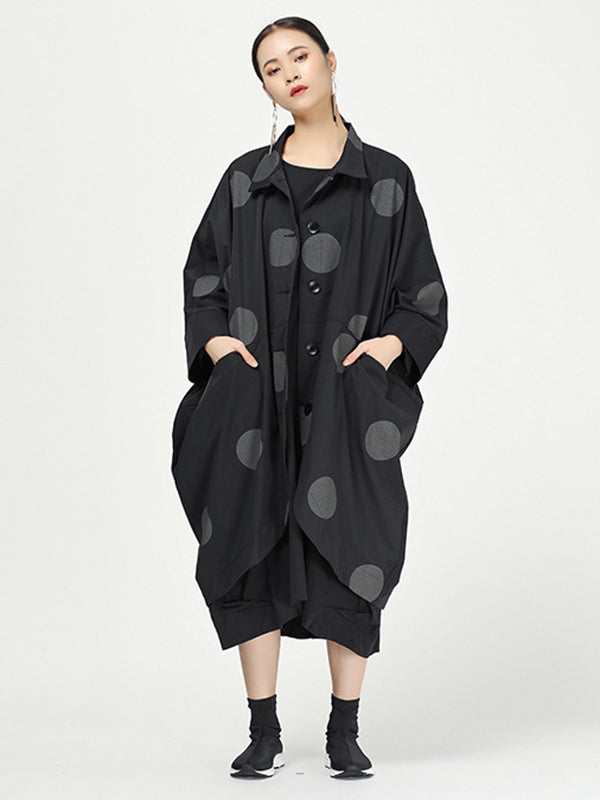 Vintage Polka-Dot Lapel Buttoned Loose Batwing Sleeve Outerwear