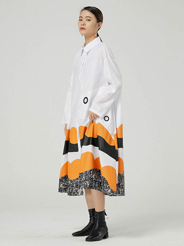 Original Buttoned Contrast Color Lapel Long Sleeves Midi Dress
