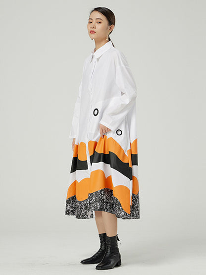 Original Buttoned Contrast Color Lapel Long Sleeves Midi Dress