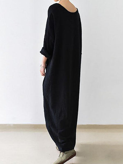 Thin Black Ramie Long Sleeve Caftans Long Dress