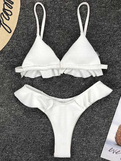Solid Falbala With Panty Bikini Set