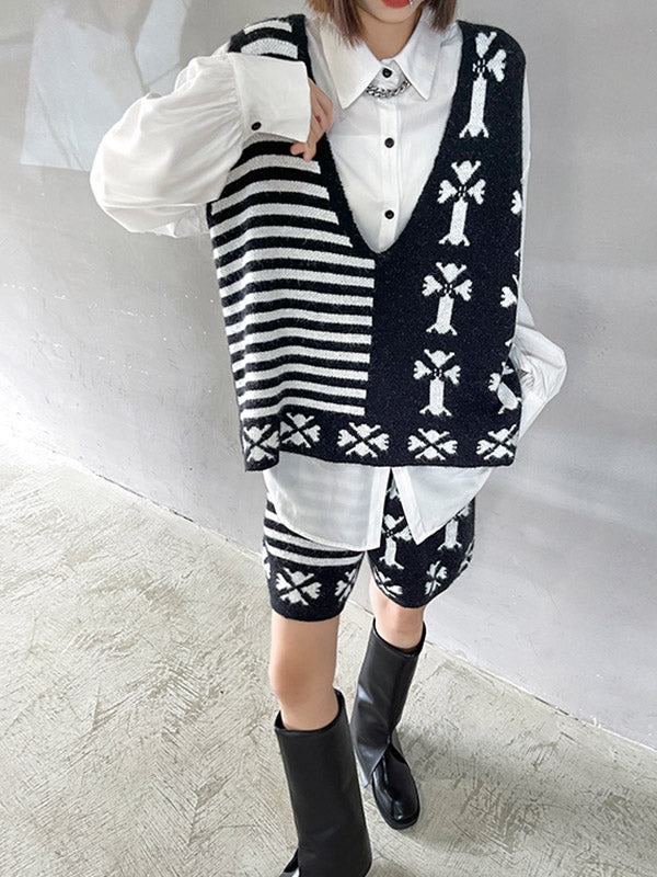 Fashion Printed Knitting  Vest & Shorts Separately 2 Pieces Set