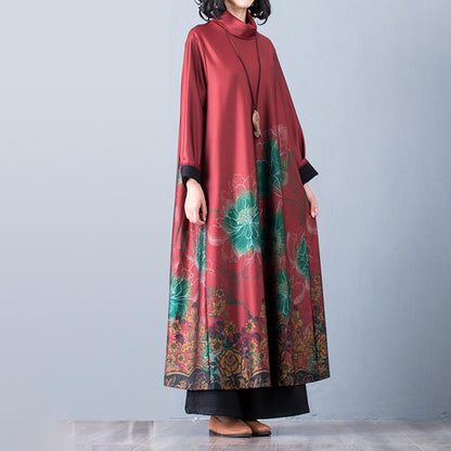 Buykud Casual Elegant Floral Printed Loose Turtleneck Dress