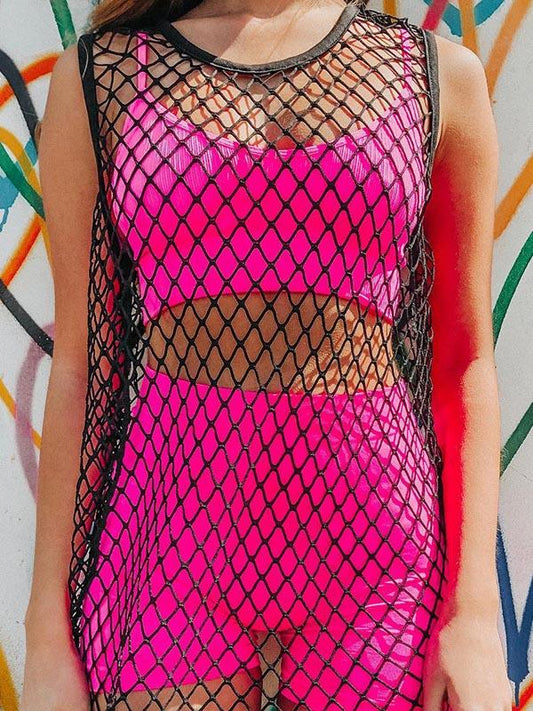 Sleeveless Round-neck Mesh Hollow Mini Dresses