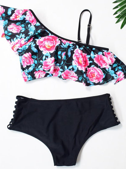 Sexy Single Shoulder Falbala Printed Tankini