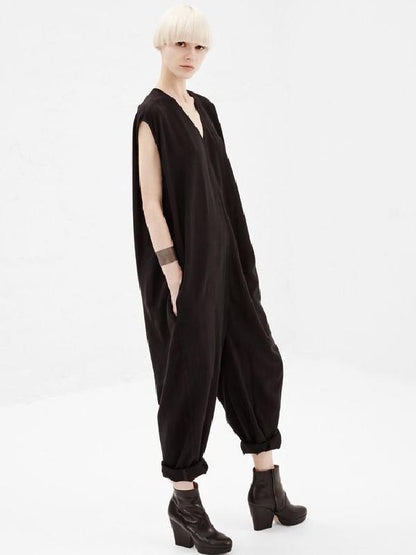 Dark Brown Loose V-neck Sleeveless Jumpsuits