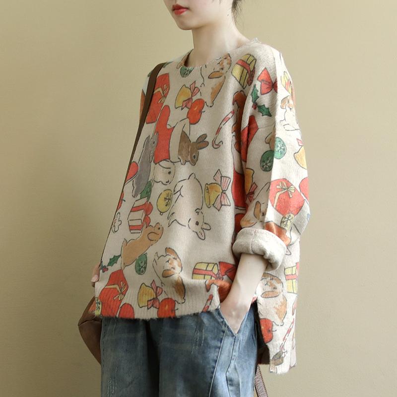 Buykud Loose O-neck Cartoon Printed Casual Sweater