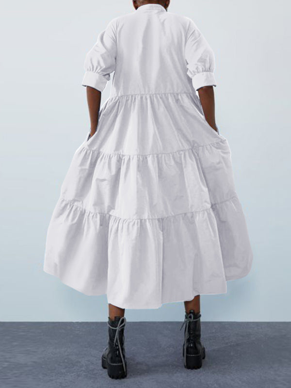 Original Solid Color Split-Joint Pleated Buttoned Stand Collar Half Puff Sleeves Midi Dress