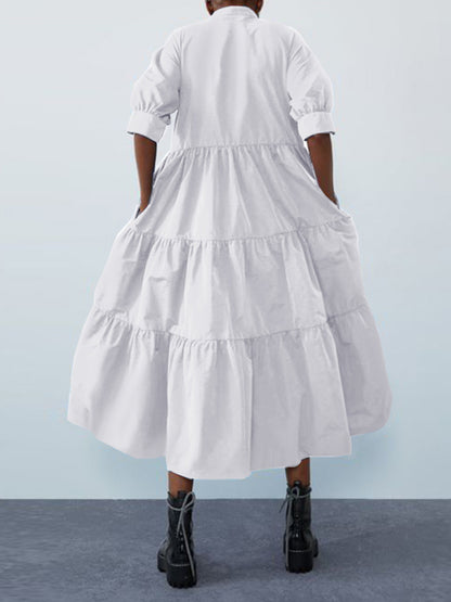 Original Solid Color Split-Joint Pleated Buttoned Stand Collar Half Puff Sleeves Midi Dress