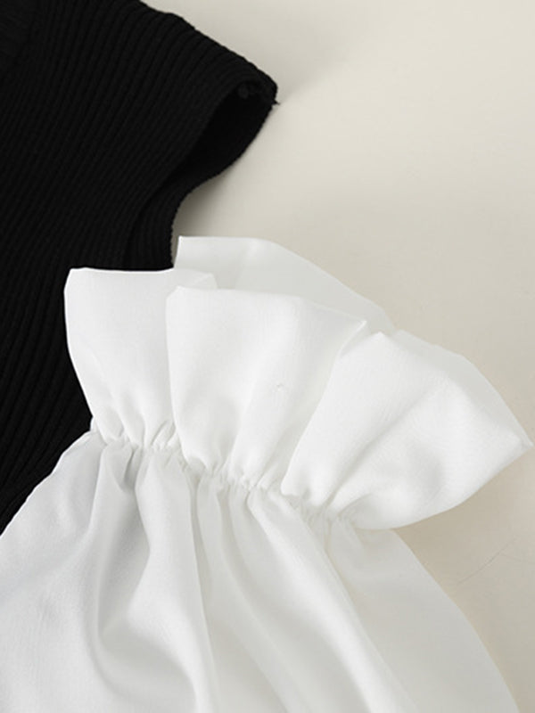 Original Contrast Color Puff Sleeves Cold Shoulder T-Shirt Top