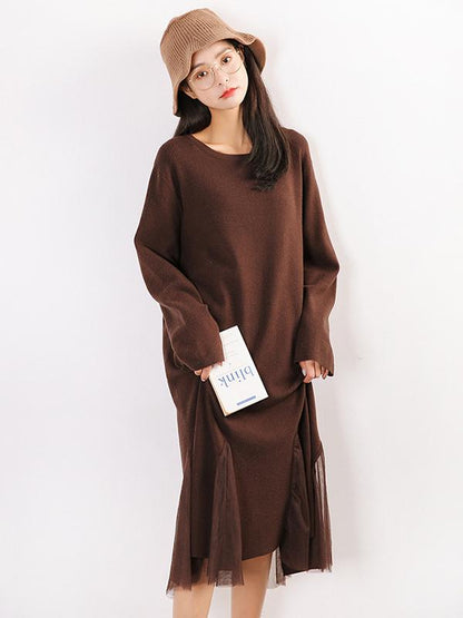 Pure Color Split-joint Knitting Long Dress