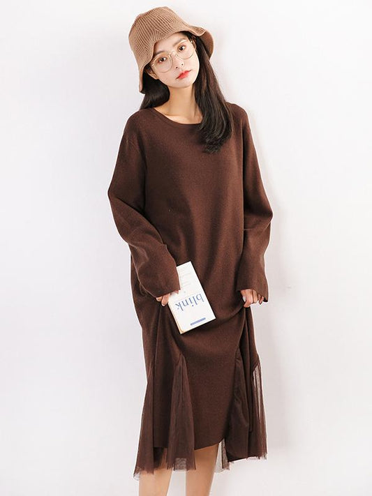 Pure Color Split-joint Knitting Long Dress