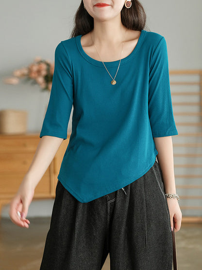 Simple Asymmetric Irregular Clipping Round-Neck Short Sleeves T-Shirt