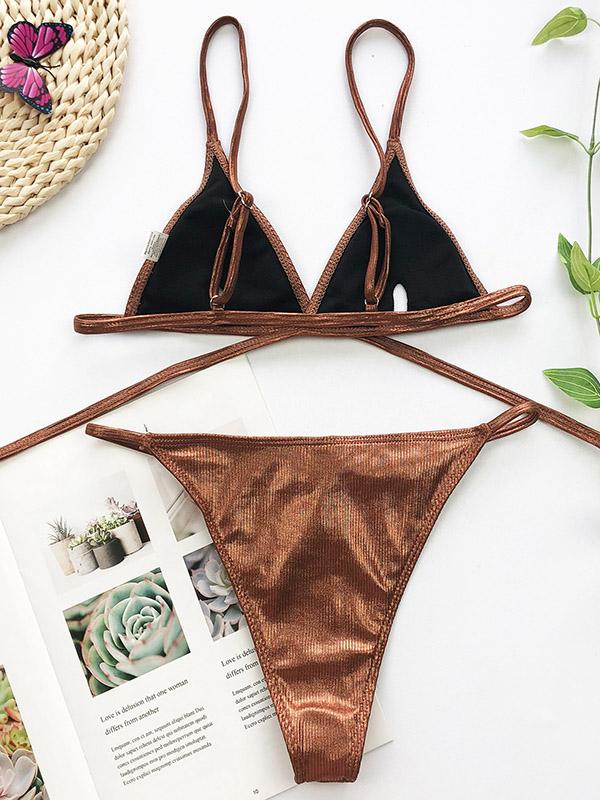 Spaghetti-Neck Bandage Split Type Bikini Swimsuit