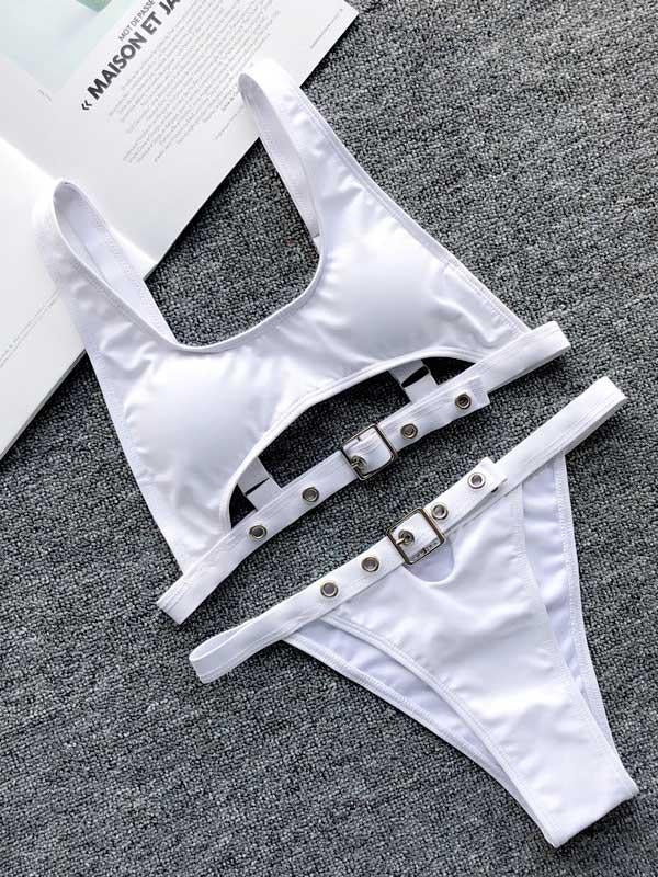 Solid Color Bandage Split Bikini Swimsuit