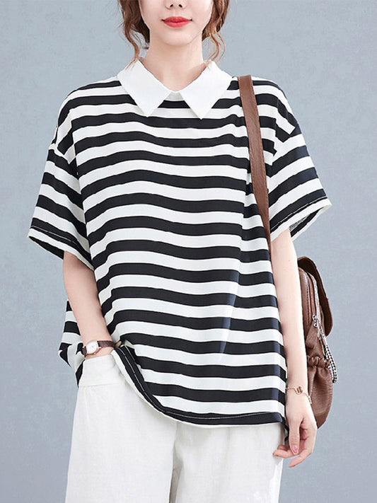 Urban Stripe Half Sleeve Lapel T-Shirt Top