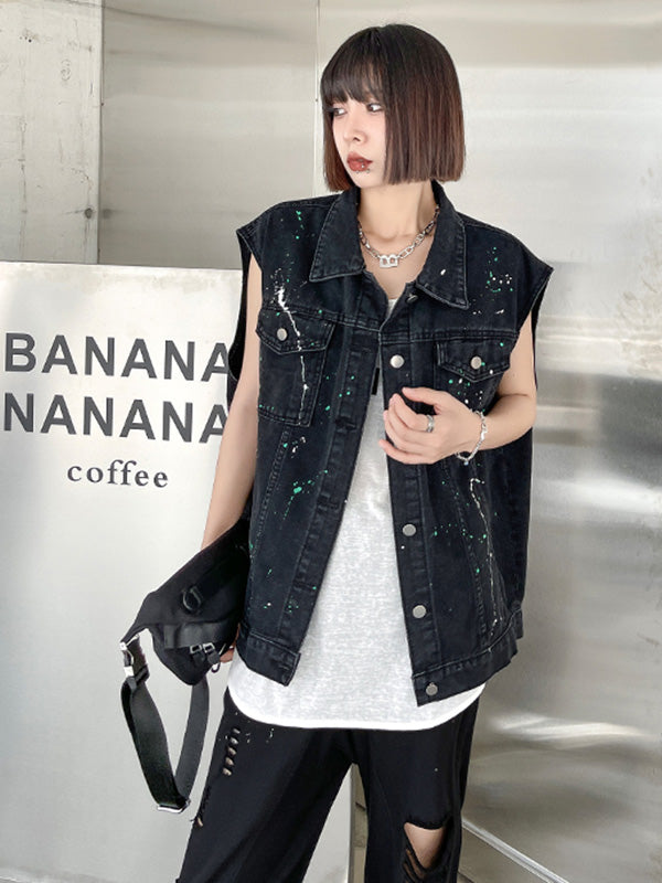 Original Denim Split-Joint With Pocket Splash Ink Buttoned Lapel Collar Sleeveless Vest Outwear