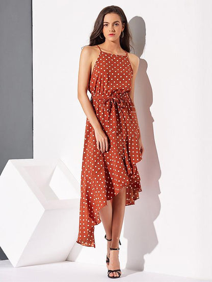 Polka-Dot  Printed  Irregular Hem  Sleeveless Midi Dress