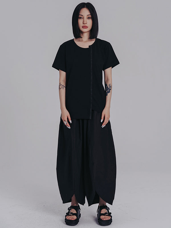 Casual Short Sleeves Irregular Black T-Shirt Top