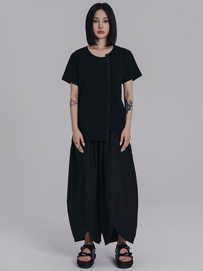 Casual Short Sleeves Irregular Black T-Shirt Top
