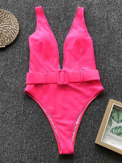 Belt Buckle Plain One Piece Swimsuit