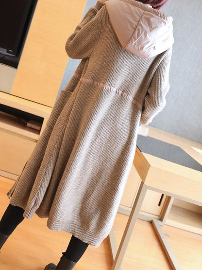 Casual Loose Solid Color Split-Joint With Pocket Buttoned Drawstring Hooded Long Sleeves Knitted Cardigan Outwear