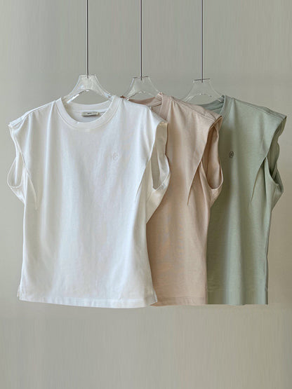 Simple Solid Color Round-Neck Cap-Sleeve Vest T-Shirt Tops