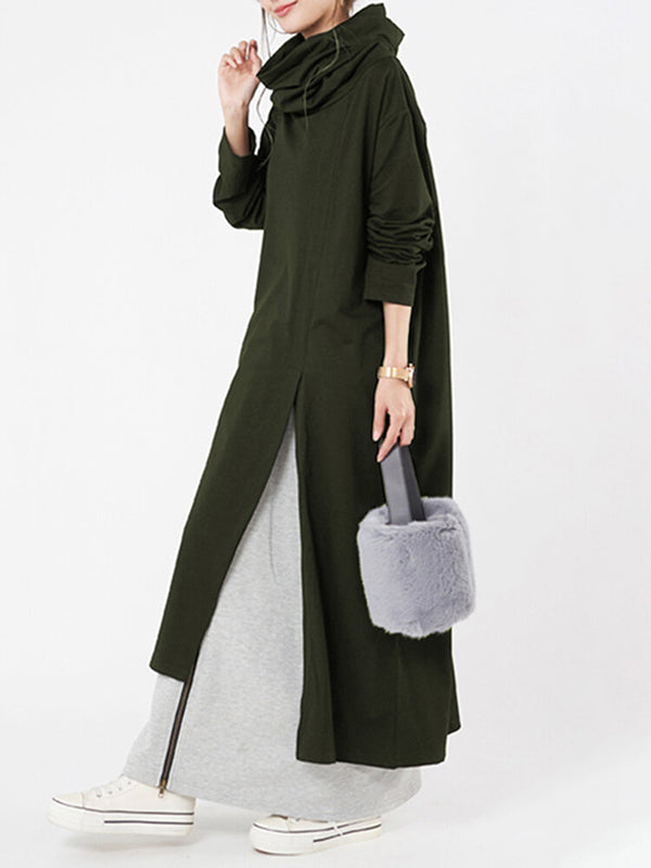 Casual Solid Color Split-Side Heaps Collar Long Sleeves Midi Dress