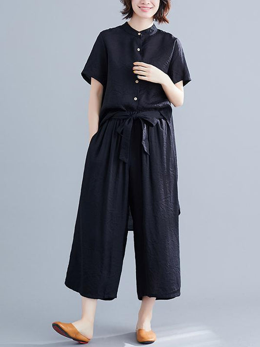 Loose Stand Collar Shirt + Wide Leg Pants Suit