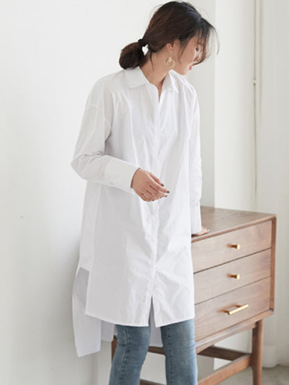 Simple Solid Color Buttoned Split-Side Lapel Collar Long Sleeves Blouse