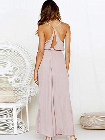 V-neck Backless Loose Solid Bohemia Jumpsuits
