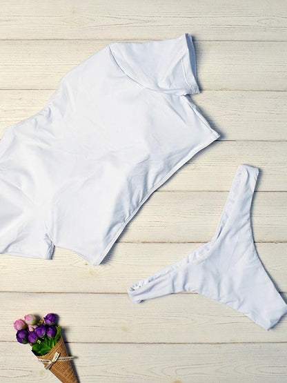 Short Sleeves Plain Bikinis Swimwear