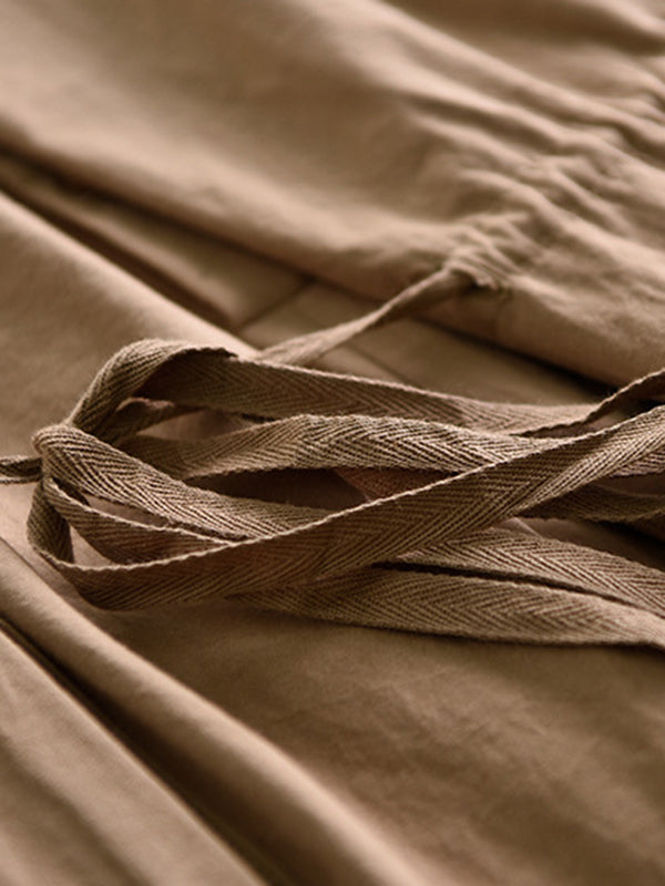 Casual Long Sleeves Loose Tied Asymmetric Solid Color Stand Collar Midi Dresses