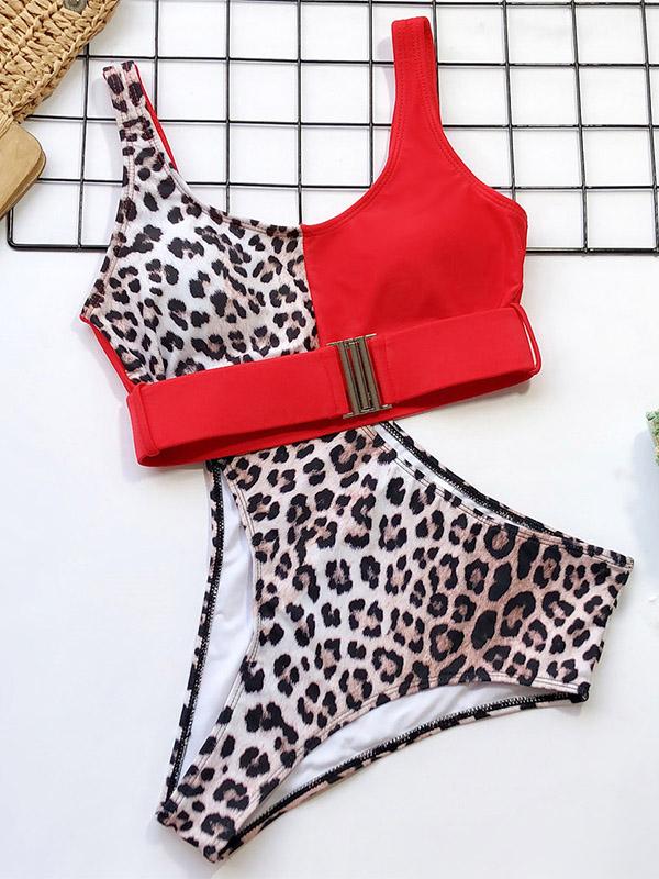 Stitching Leopard Empire Bikini Swimsuit