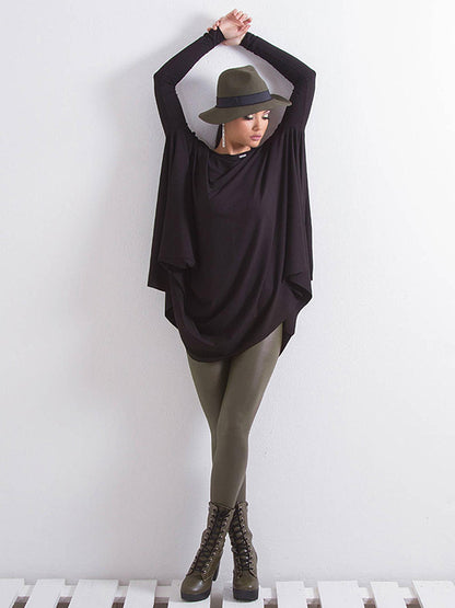 Simple Black Batwing Long Sleeve Loose Asymmetric T-Shirt