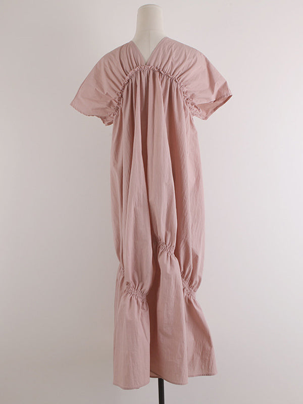 Casual Solid Color Falbala Pleated V-Neck Short Sleeves Maxi Dress