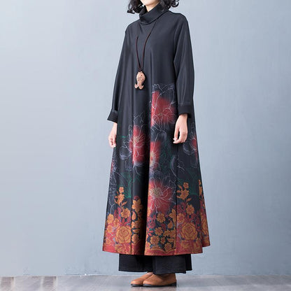 Buykud Casual Elegant Floral Printed Loose Turtleneck Dress