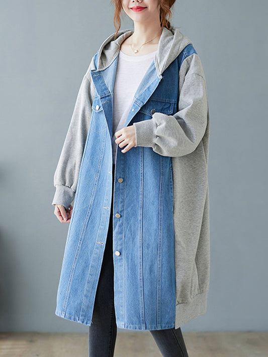 Casual Cotton Denim Split-Joint Hooded Outerwear