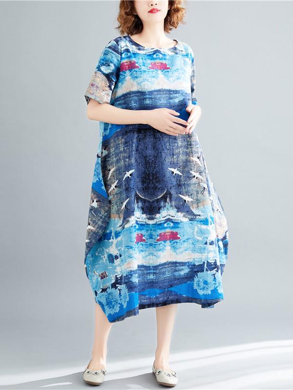 Ramie Cotton Plus Size Printing Style Midi Dresses