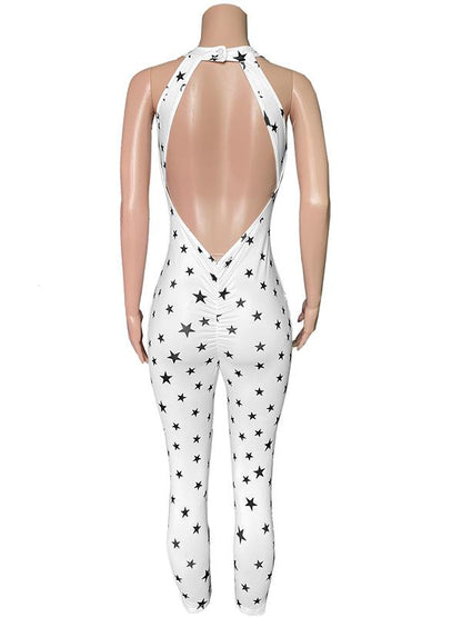 Printed Stars Backless Halter Neck Sports Jumpsuits
