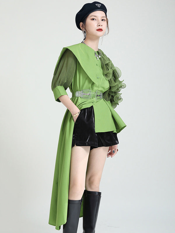 Stylish Irregular 4 Colors Split-Joint Pleated Mesh Falbala Buttoned Lapel Collar Bishop Sleeves Blouse